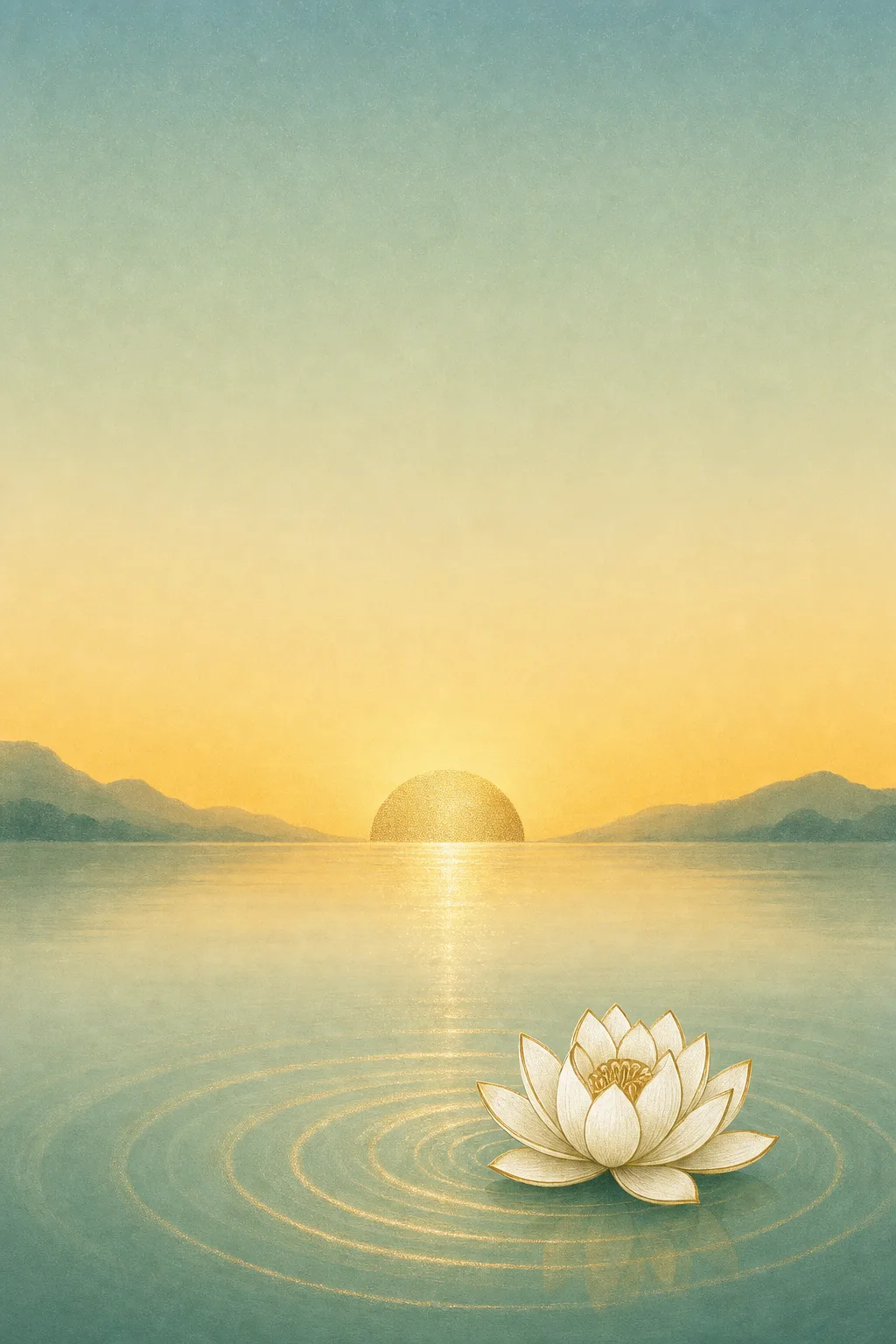 Illustration of dawn over still water, a white lotus floating among soft golden ripples